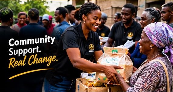 Volunteers handing out food and support to community members