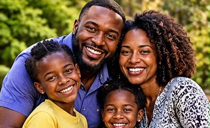 A smiling family together outdoors